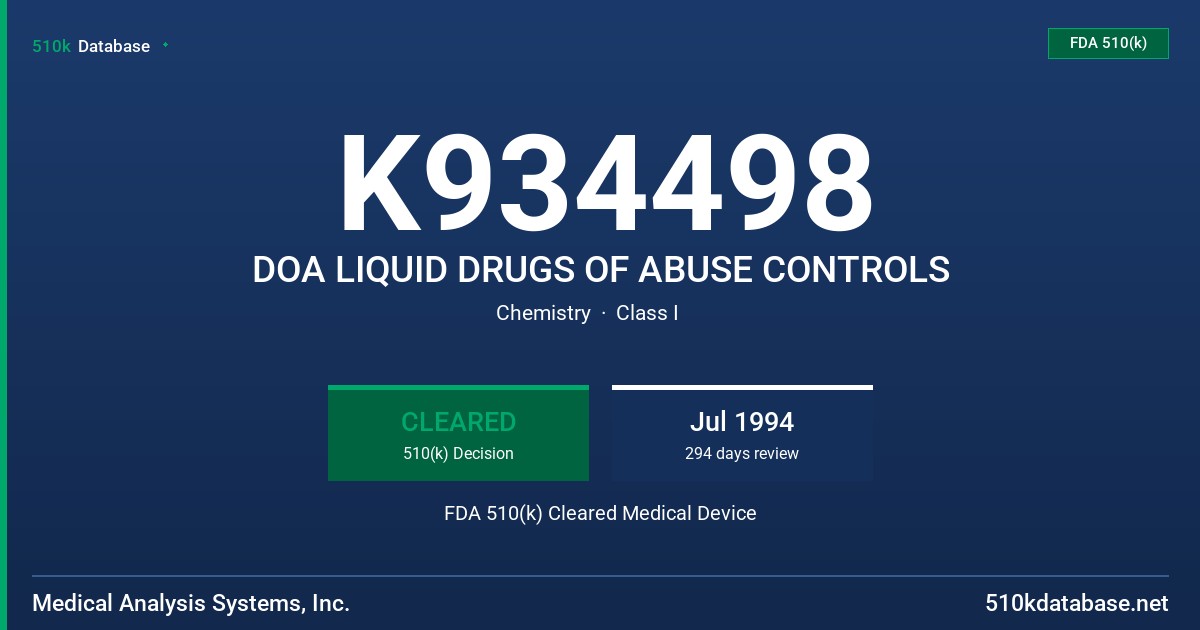 K934498 DOA LIQUID DRUGS OF ABUSE CONTROLS FDA 510(k) Cleared Medical Device