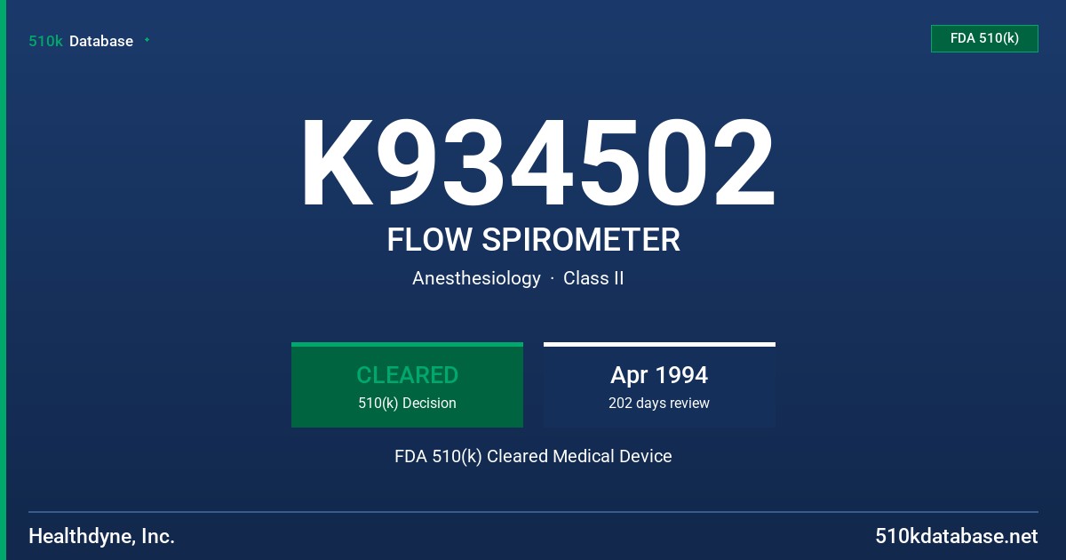 K934502 FLOW SPIROMETER FDA 510(k) Cleared Medical Device