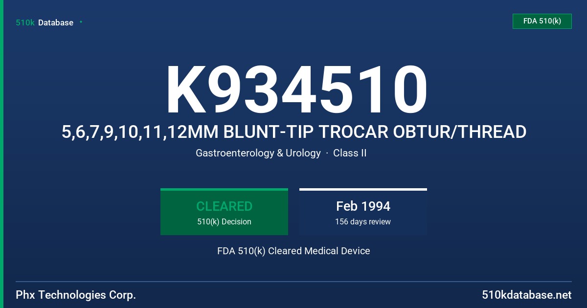 K934510 5,6,7,9,10,11,12MM BLUNT-TIP TROCAR OBTUR/THREAD FDA 510(k) Cleared Medical Device
