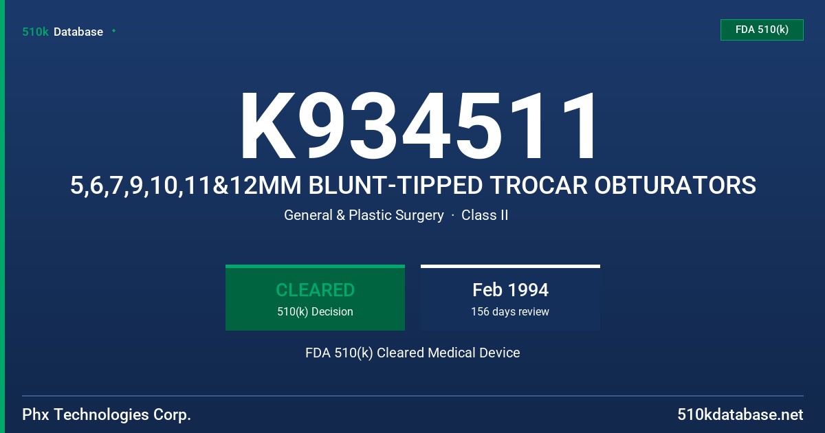 K934511 5,6,7,9,10,11&12MM BLUNT-TIPPED TROCAR OBTURATORS FDA 510(k) Cleared Medical Device