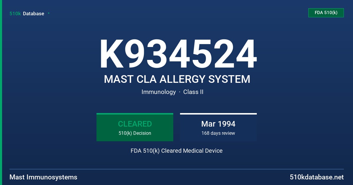 K934524 MAST CLA ALLERGY SYSTEM FDA 510(k) Cleared Medical Device