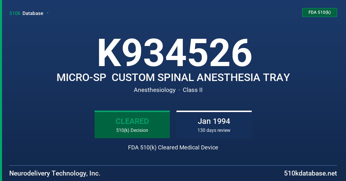 K934526 MICRO-SP  CUSTOM SPINAL ANESTHESIA TRAY FDA 510(k) Cleared Medical Device