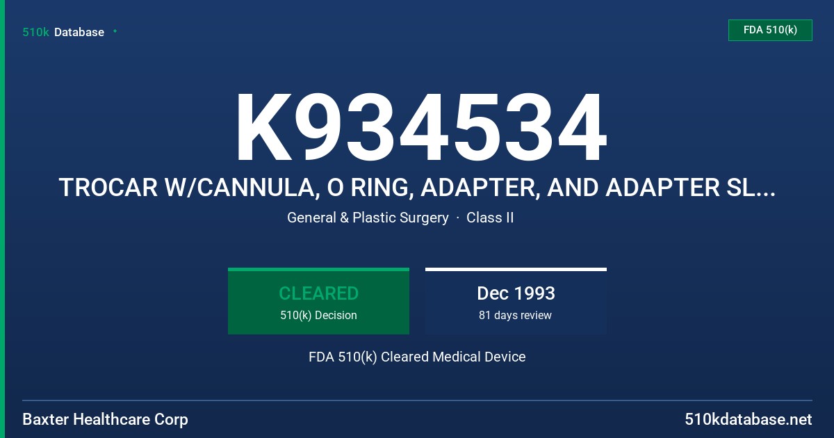 K934534 TROCAR W/CANNULA, O RING, ADAPTER, AND ADAPTER SLEEVE MODIFICATION FDA 510(k) Cleared Medical Device