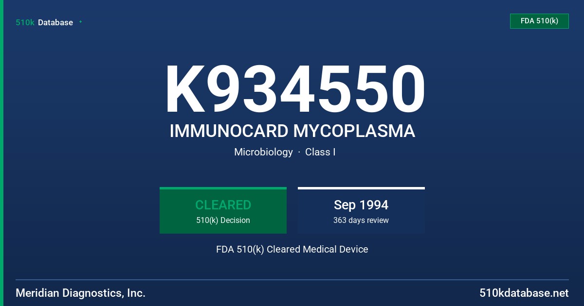 K934550 IMMUNOCARD MYCOPLASMA FDA 510(k) Cleared Medical Device