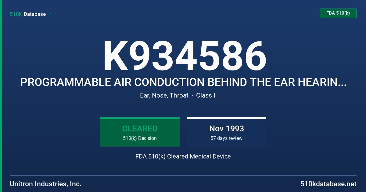 K934586 PROGRAMMABLE AIR CONDUCTION BEHIND THE EAR HEARING AID FDA 510(k) Cleared Medical Device