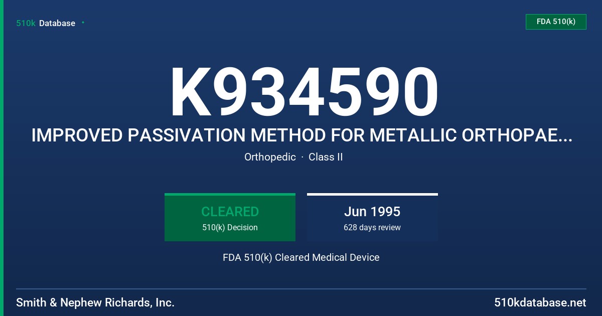 K934590 IMPROVED PASSIVATION METHOD FOR METALLIC ORTHOPAEDIC IMPLANTS FDA 510(k) Cleared Medical Device