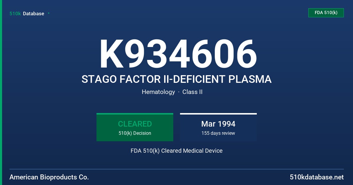 K934606 STAGO FACTOR II-DEFICIENT PLASMA FDA 510(k) Cleared Medical Device
