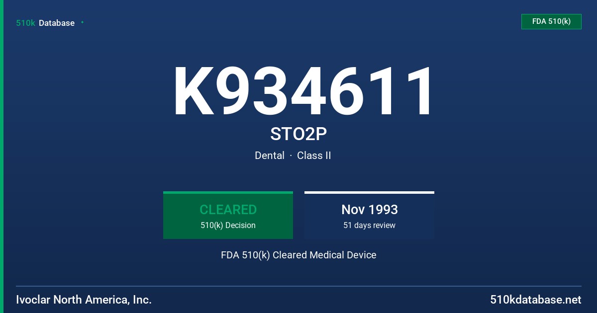 K934611 STO2P FDA 510(k) Cleared Medical Device