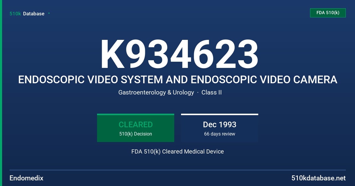 K934623 ENDOSCOPIC VIDEO SYSTEM AND ENDOSCOPIC VIDEO CAMERA FDA 510(k) Cleared Medical Device