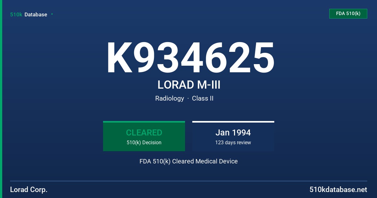 K934625 LORAD M-III FDA 510(k) Cleared Medical Device
