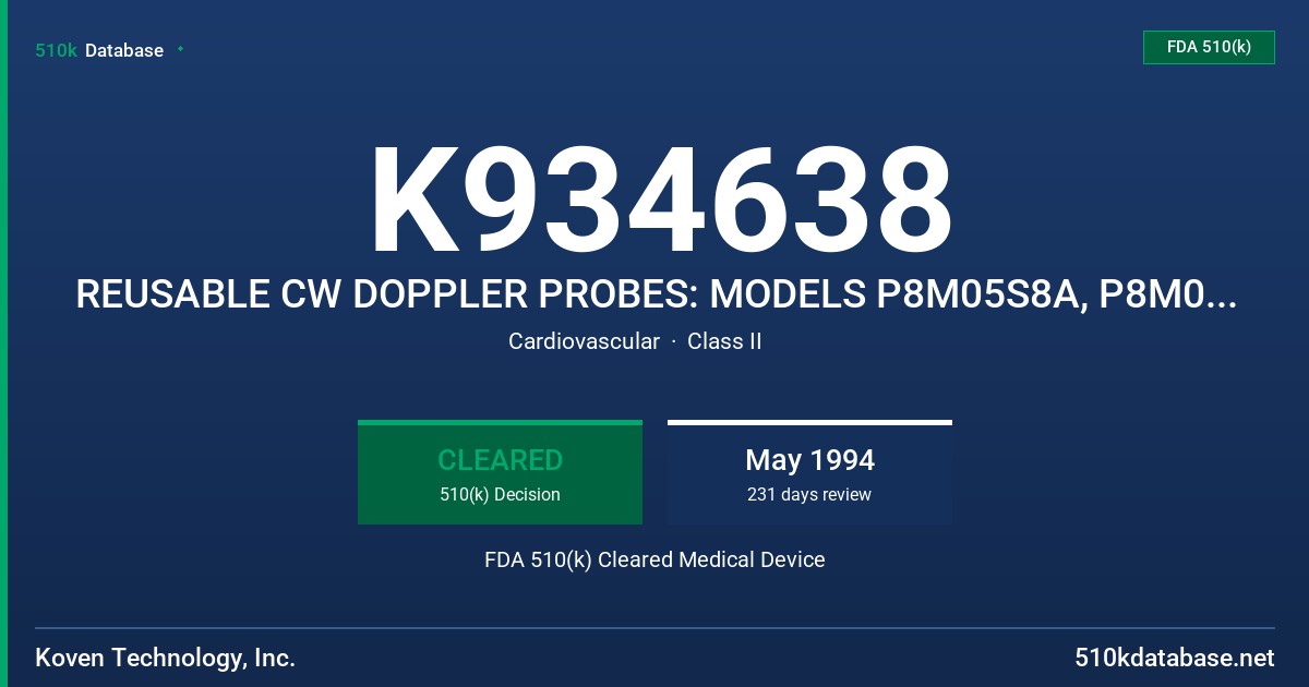 K934638 REUSABLE CW DOPPLER PROBES: MODELS P8M05S8A, P8M05N5A, & LCW-8 FDA 510(k) Cleared Medical Device