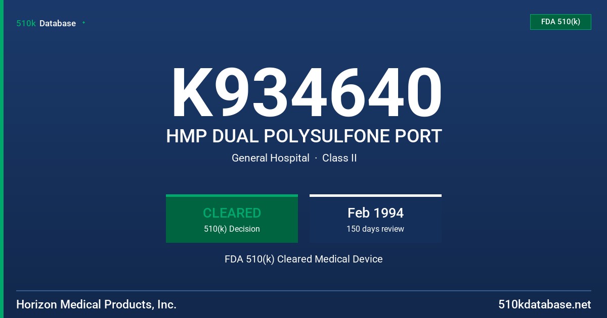K934640 HMP DUAL POLYSULFONE PORT FDA 510(k) Cleared Medical Device
