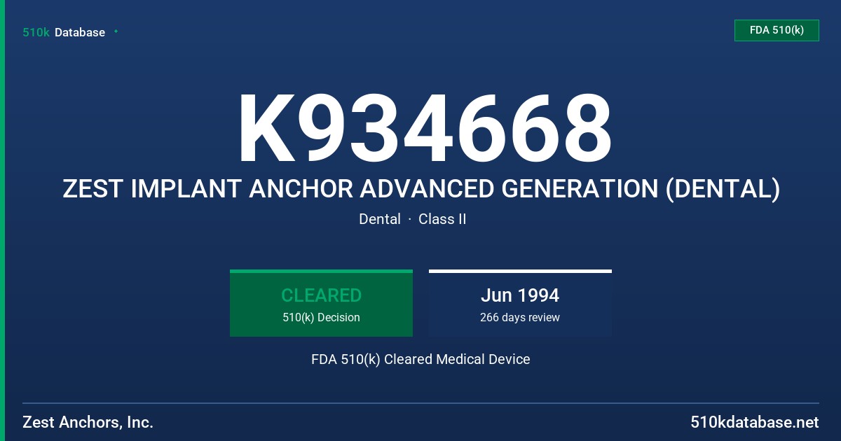 K934668 ZEST IMPLANT ANCHOR ADVANCED GENERATION (DENTAL) FDA 510(k) Cleared Medical Device