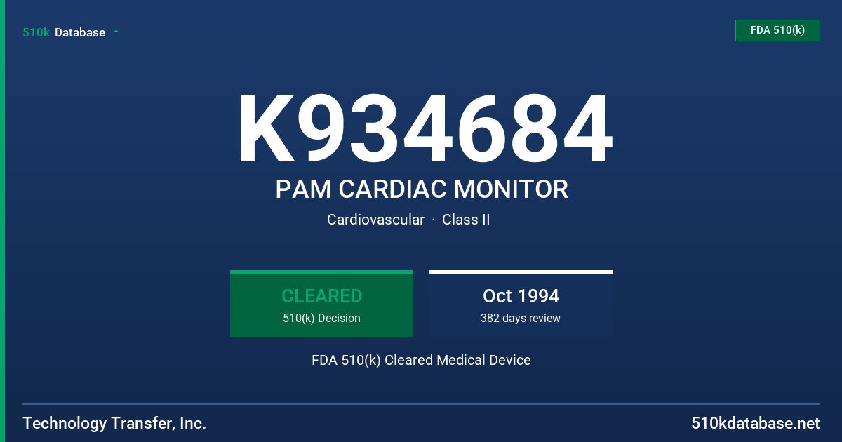 K934684 PAM CARDIAC MONITOR FDA 510(k) Cleared Medical Device