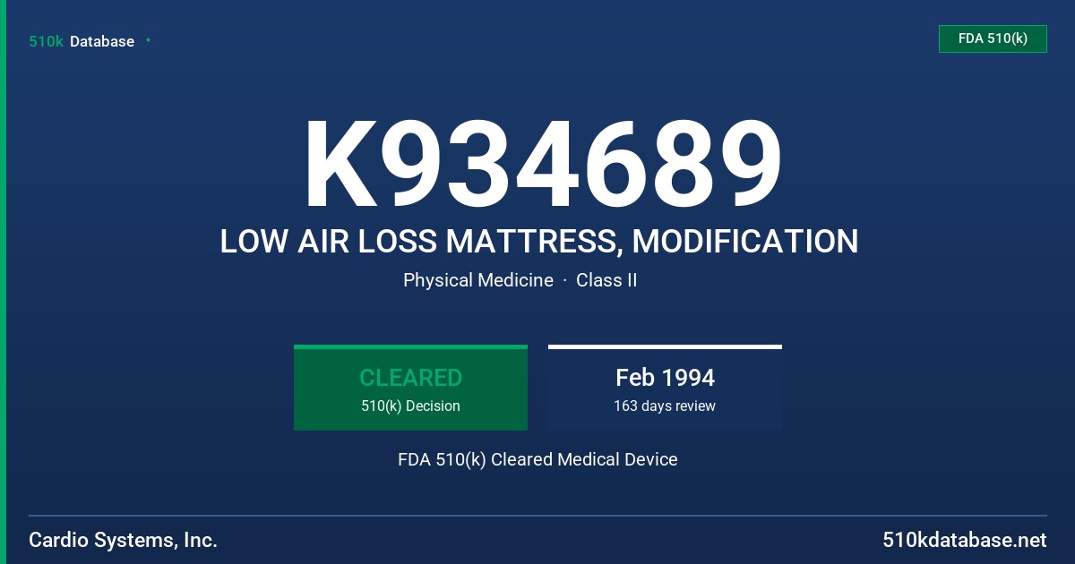 K934689 LOW AIR LOSS MATTRESS, MODIFICATION FDA 510(k) Cleared Medical Device