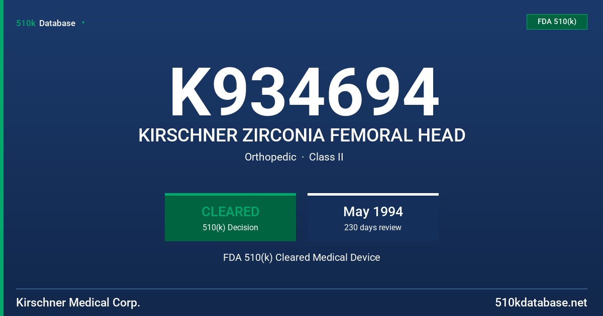 K934694 KIRSCHNER ZIRCONIA FEMORAL HEAD FDA 510(k) Cleared Medical Device