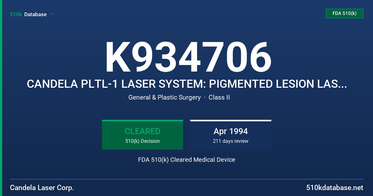 K934706 CANDELA PLTL-1 LASER SYSTEM: PIGMENTED LESION LASER AND TATULAZR FDA 510(k) Cleared Medical Device