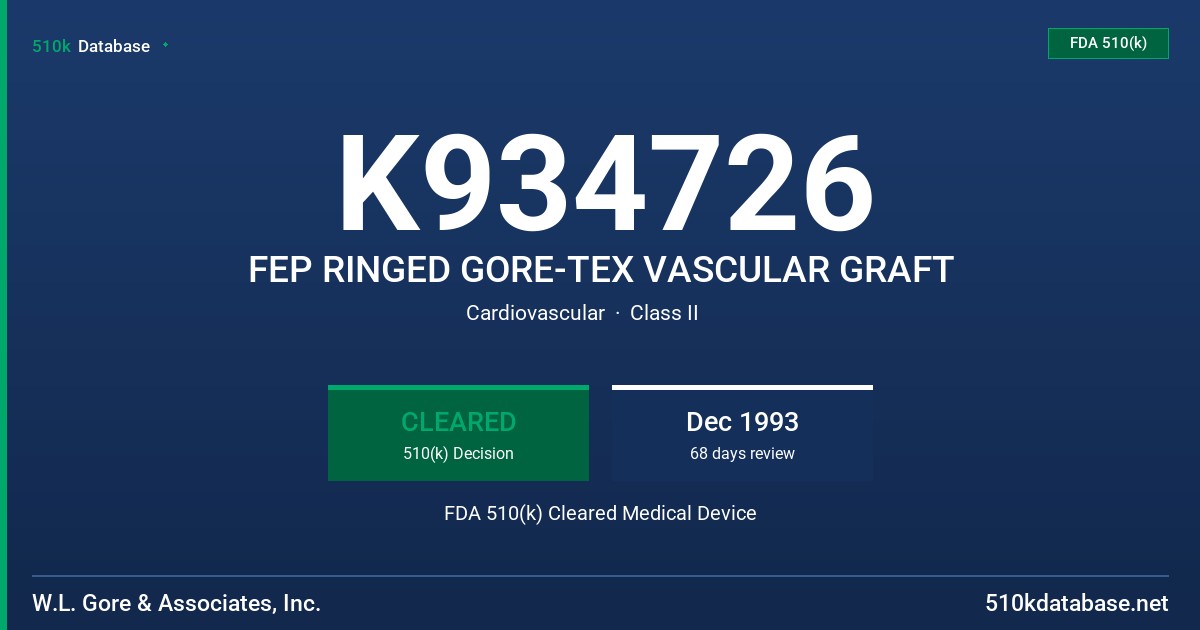 K934726 FEP RINGED GORE-TEX VASCULAR GRAFT FDA 510(k) Cleared Medical Device