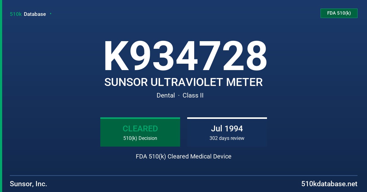 K934728 SUNSOR ULTRAVIOLET METER FDA 510(k) Cleared Medical Device