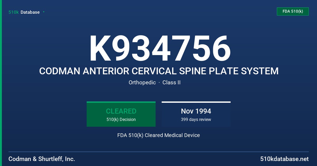K934756 CODMAN ANTERIOR CERVICAL SPINE PLATE SYSTEM FDA 510(k) Cleared Medical Device
