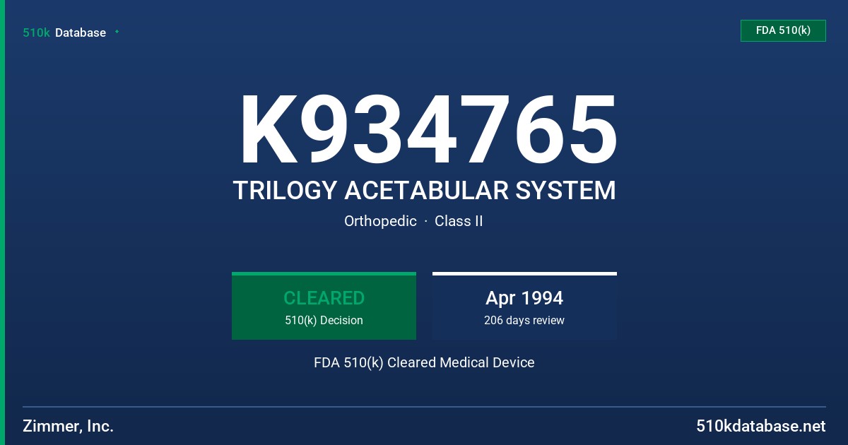 K934765 TRILOGY ACETABULAR SYSTEM FDA 510(k) Cleared Medical Device
