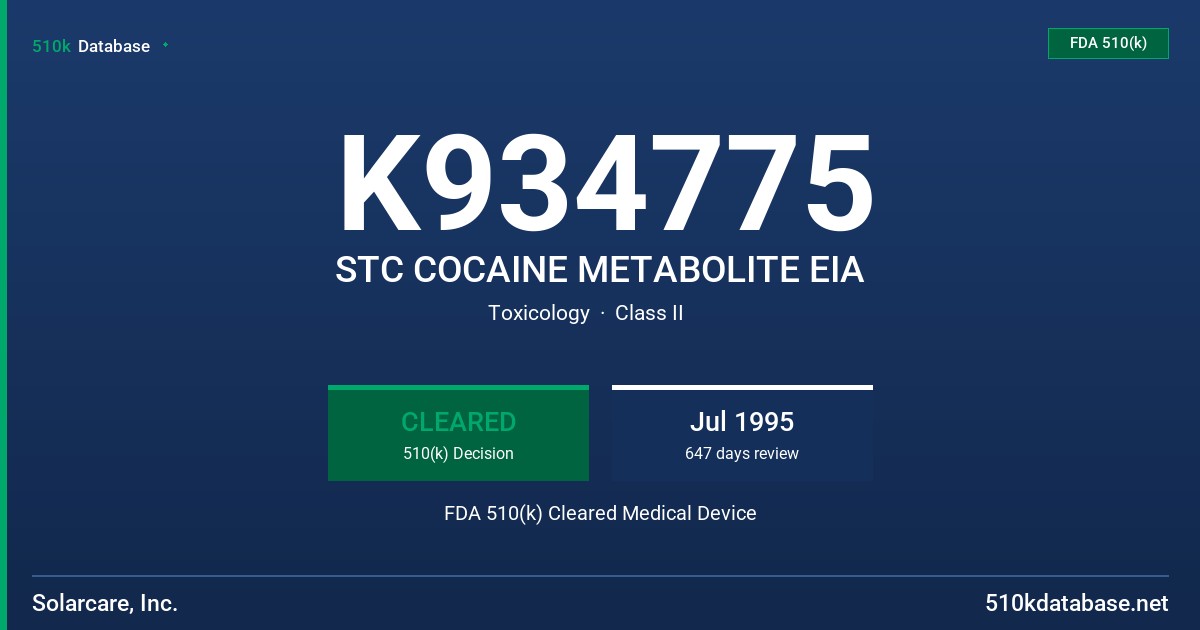 K934775 STC COCAINE METABOLITE EIA FDA 510(k) Cleared Medical Device