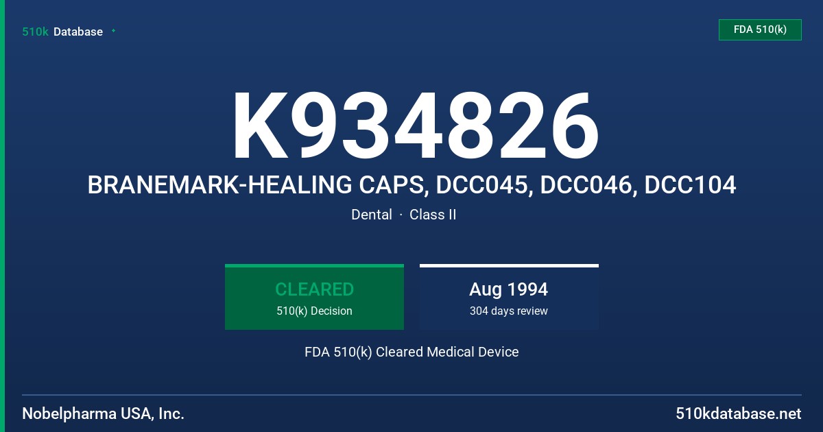K934826 BRANEMARK-HEALING CAPS, DCC045, DCC046, DCC104 FDA 510(k) Cleared Medical Device