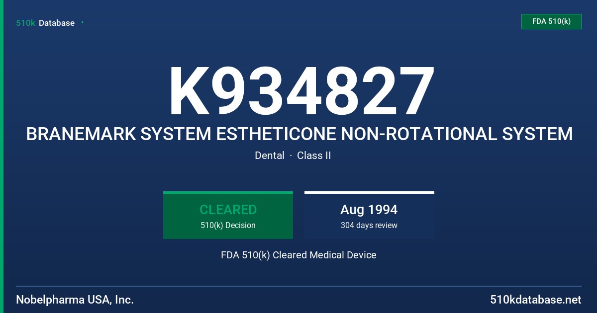 K934827 BRANEMARK SYSTEM ESTHETICONE NON-ROTATIONAL SYSTEM FDA 510(k) Cleared Medical Device