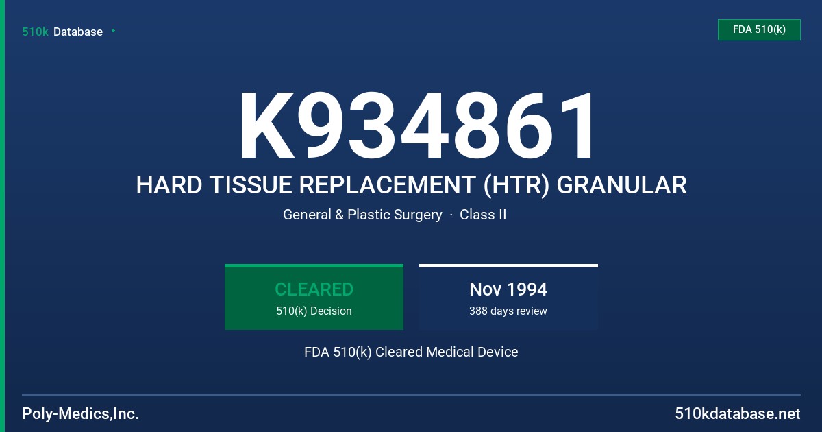 K934861 HARD TISSUE REPLACEMENT (HTR) GRANULAR FDA 510(k) Cleared Medical Device