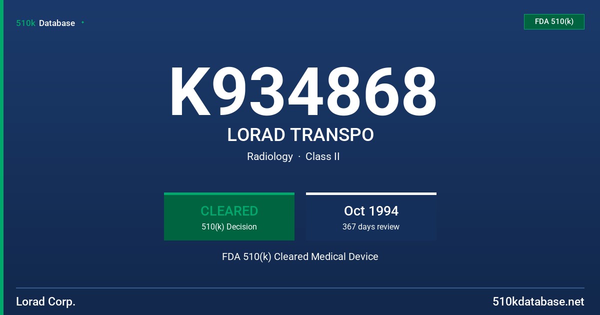 K934868 LORAD TRANSPO FDA 510(k) Cleared Medical Device