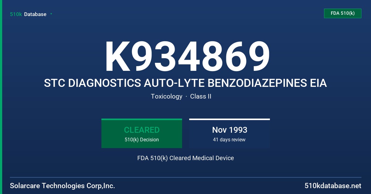 K934869 STC DIAGNOSTICS AUTO-LYTE BENZODIAZEPINES EIA FDA 510(k) Cleared Medical Device