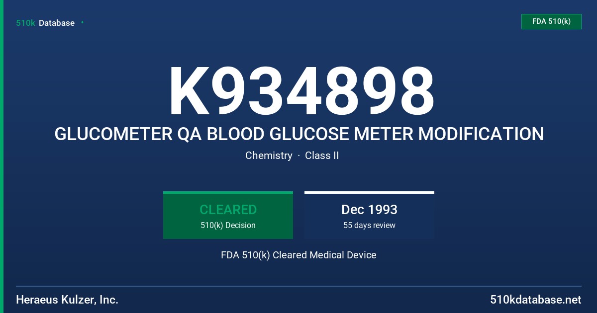 K934898 GLUCOMETER QA BLOOD GLUCOSE METER MODIFICATION FDA 510(k) Cleared Medical Device