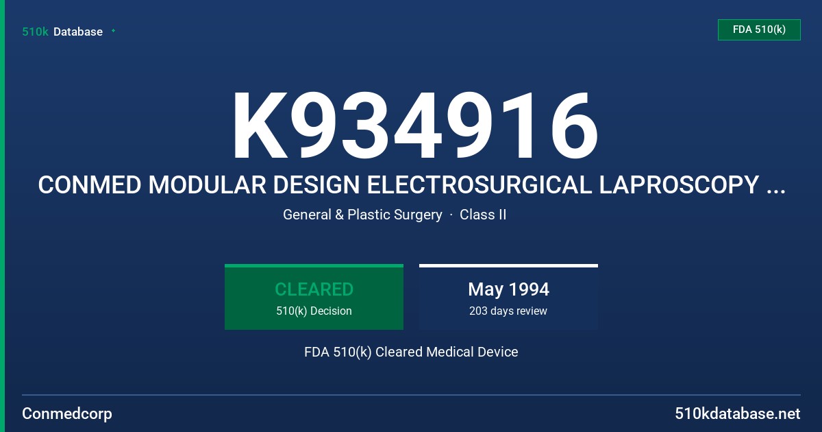 K934916 CONMED MODULAR DESIGN ELECTROSURGICAL LAPROSCOPY INSTRUMENTS FDA 510(k) Cleared Medical Device