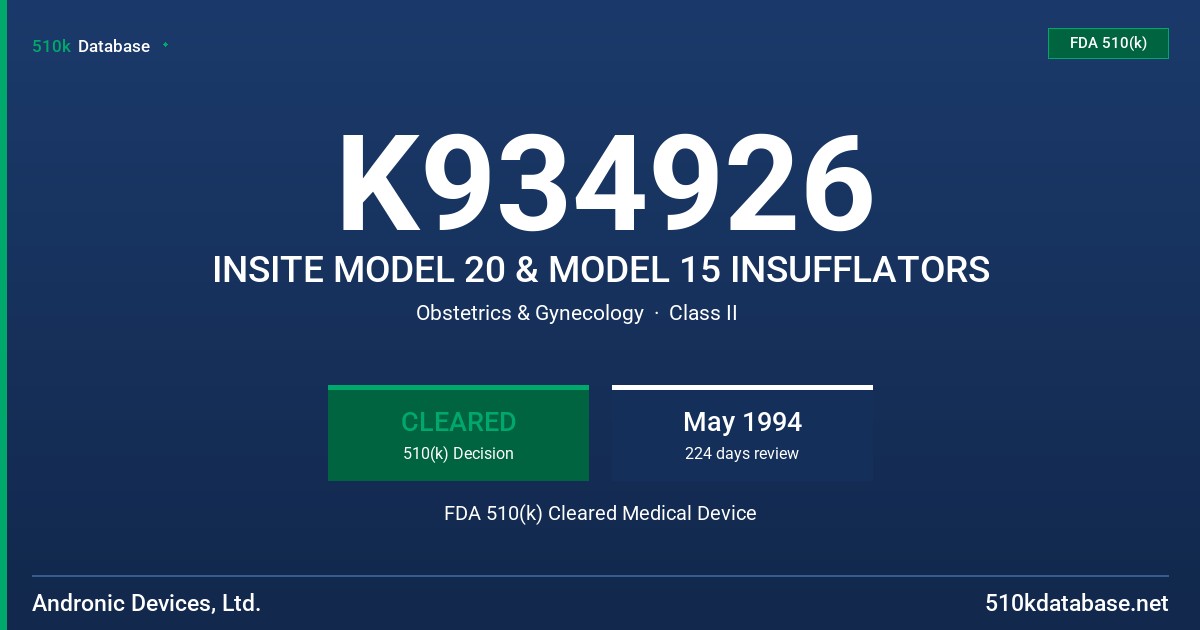 K934926 INSITE MODEL 20 & MODEL 15 INSUFFLATORS FDA 510(k) Cleared Medical Device