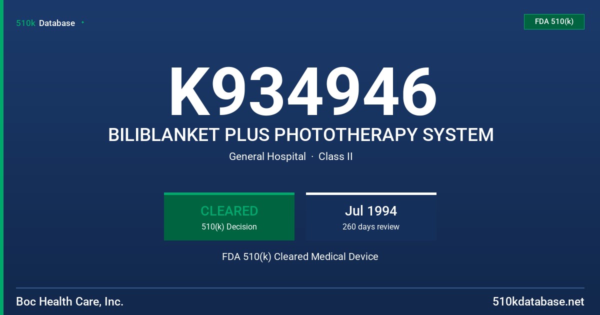 K934946 BILIBLANKET PLUS PHOTOTHERAPY SYSTEM FDA 510(k) Cleared Medical Device