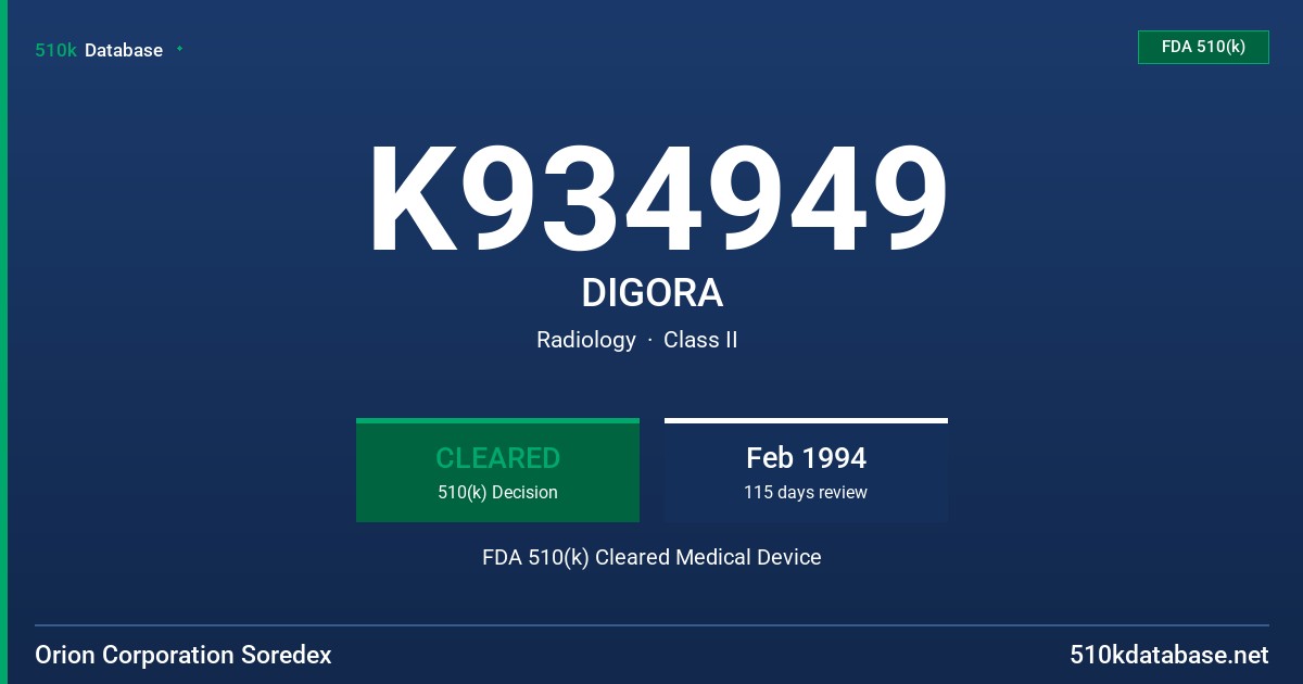K934949 DIGORA FDA 510(k) Cleared Medical Device