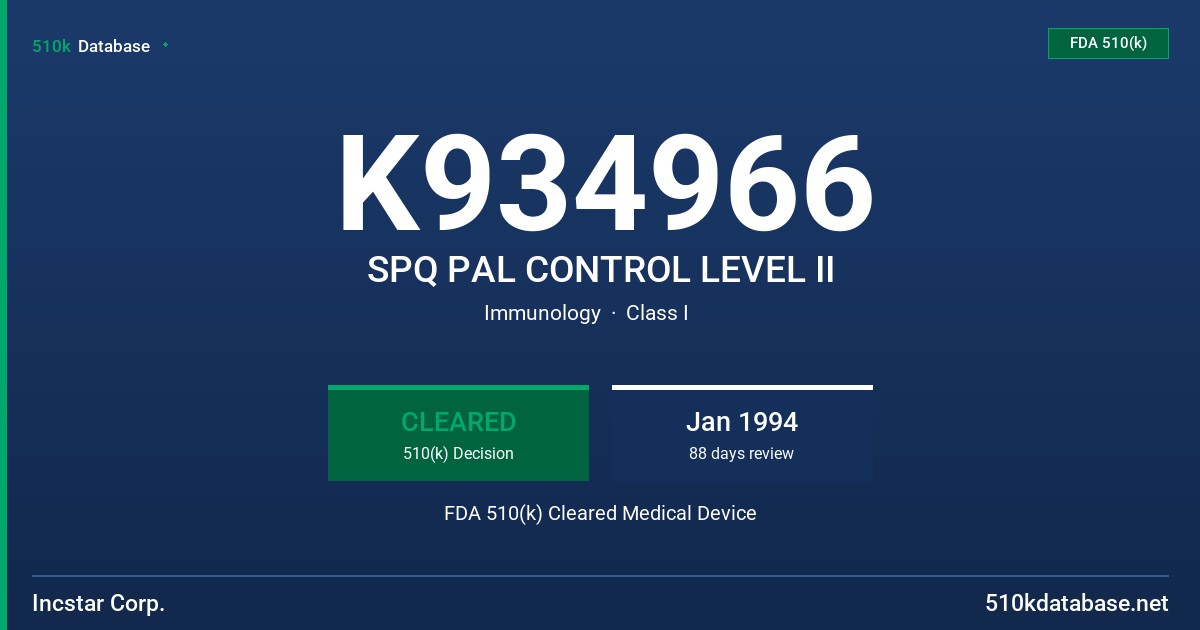 K934966 SPQ PAL CONTROL LEVEL II FDA 510(k) Cleared Medical Device