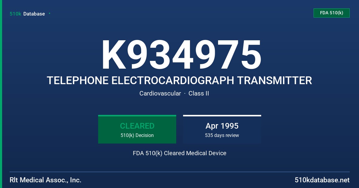 K934975 TELEPHONE ELECTROCARDIOGRAPH TRANSMITTER FDA 510(k) Cleared Medical Device