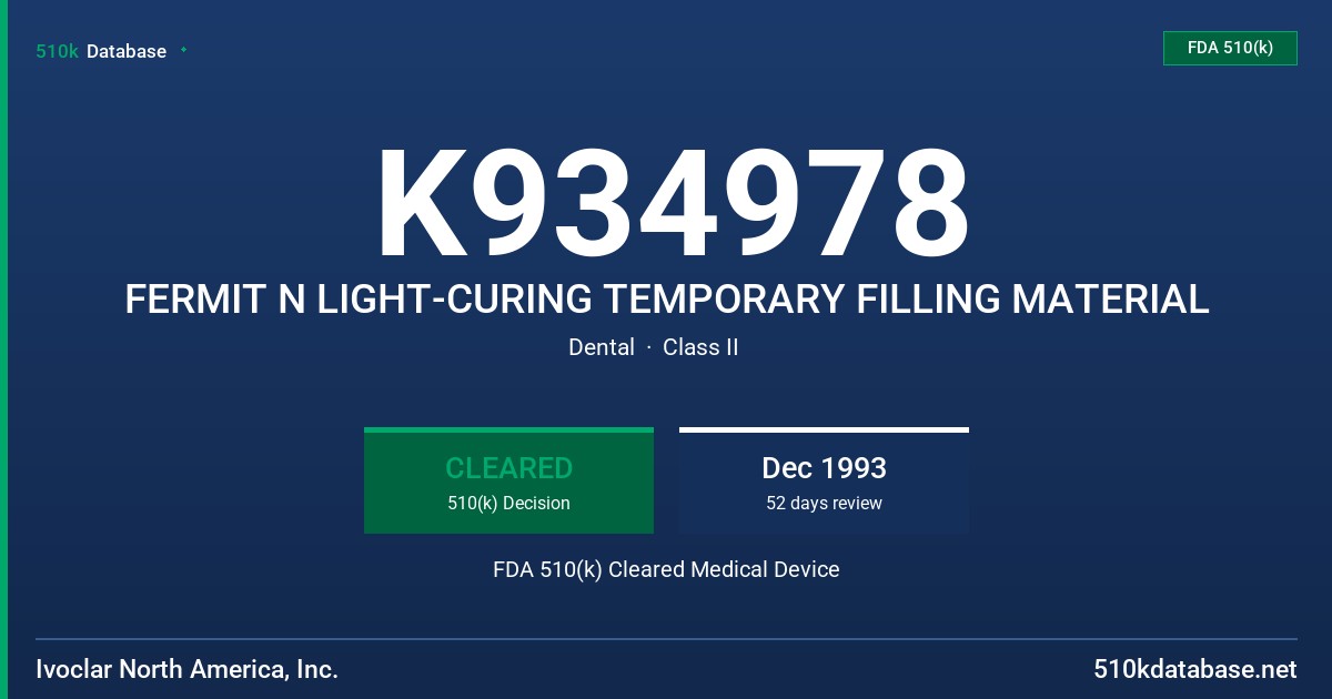 K934978 FERMIT N LIGHT-CURING TEMPORARY FILLING MATERIAL FDA 510(k) Cleared Medical Device