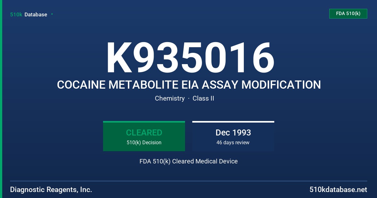 K935016 COCAINE METABOLITE EIA ASSAY MODIFICATION FDA 510(k) Cleared Medical Device