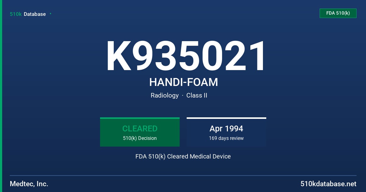 K935021 HANDI-FOAM FDA 510(k) Cleared Medical Device