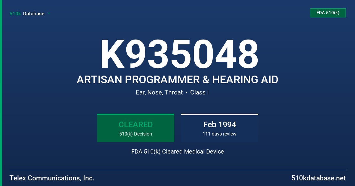 K935048 ARTISAN PROGRAMMER & HEARING AID FDA 510(k) Cleared Medical Device