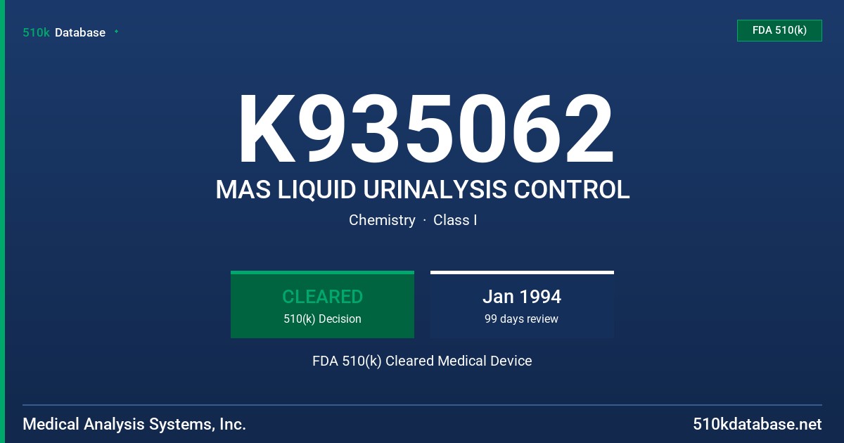 K935062 MAS LIQUID URINALYSIS CONTROL FDA 510(k) Cleared Medical Device