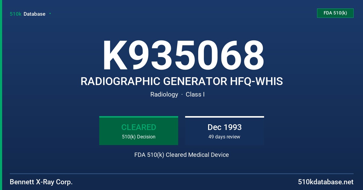 K935068 RADIOGRAPHIC GENERATOR HFQ-WHIS FDA 510(k) Cleared Medical Device