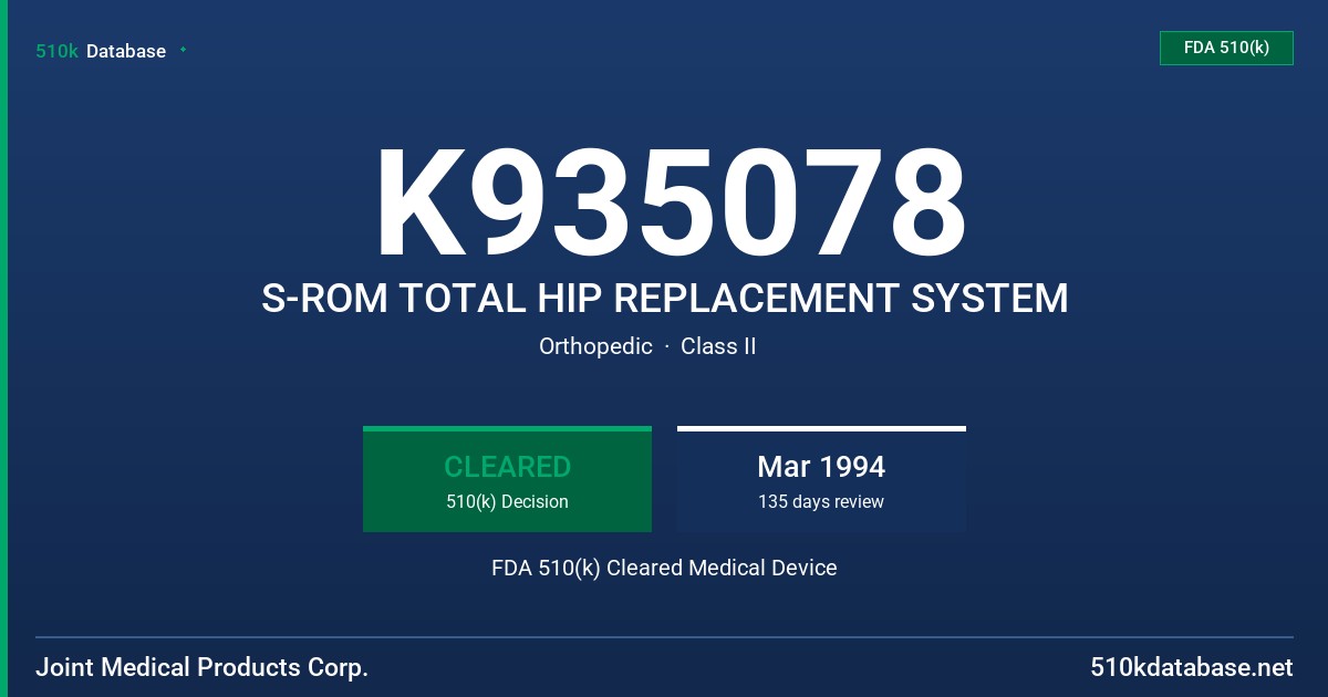 K935078 S-ROM TOTAL HIP REPLACEMENT SYSTEM FDA 510(k) Cleared Medical Device