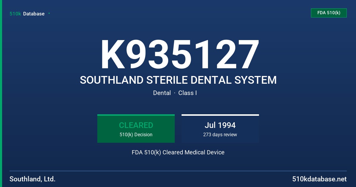 K935127 SOUTHLAND STERILE DENTAL SYSTEM FDA 510(k) Cleared Medical Device