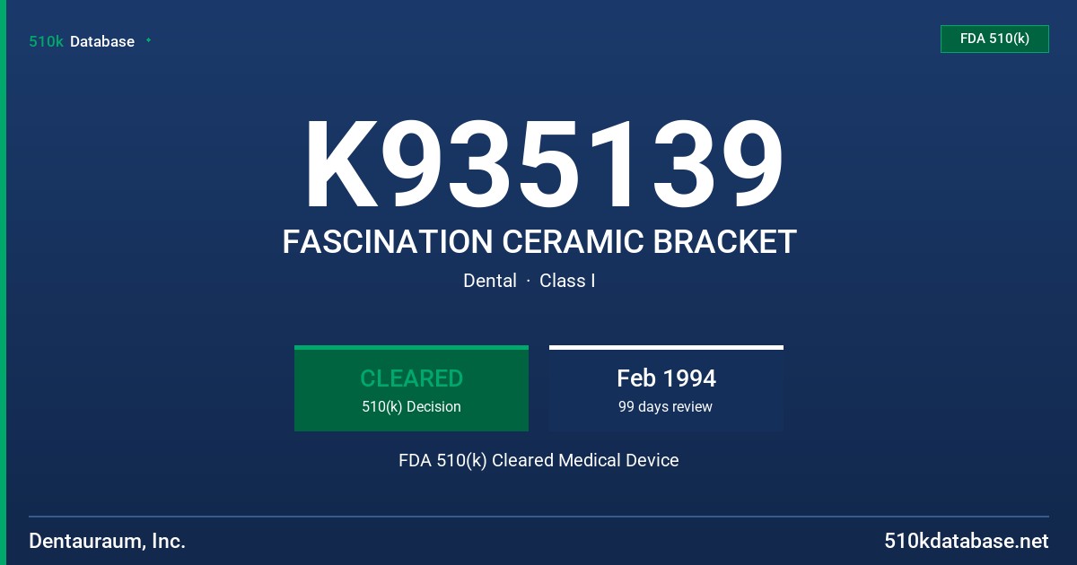 K935139 FASCINATION CERAMIC BRACKET FDA 510(k) Cleared Medical Device
