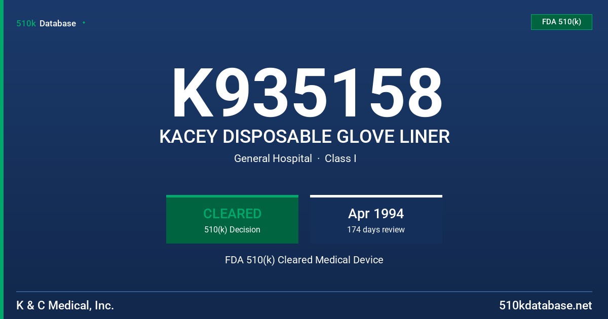K935158 KACEY DISPOSABLE GLOVE LINER FDA 510(k) Cleared Medical Device