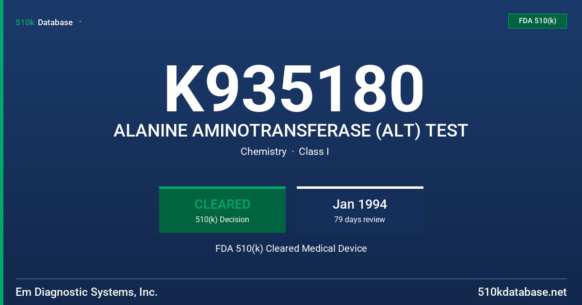 K935180 ALANINE AMINOTRANSFERASE (ALT) TEST FDA 510(k) Cleared Medical Device