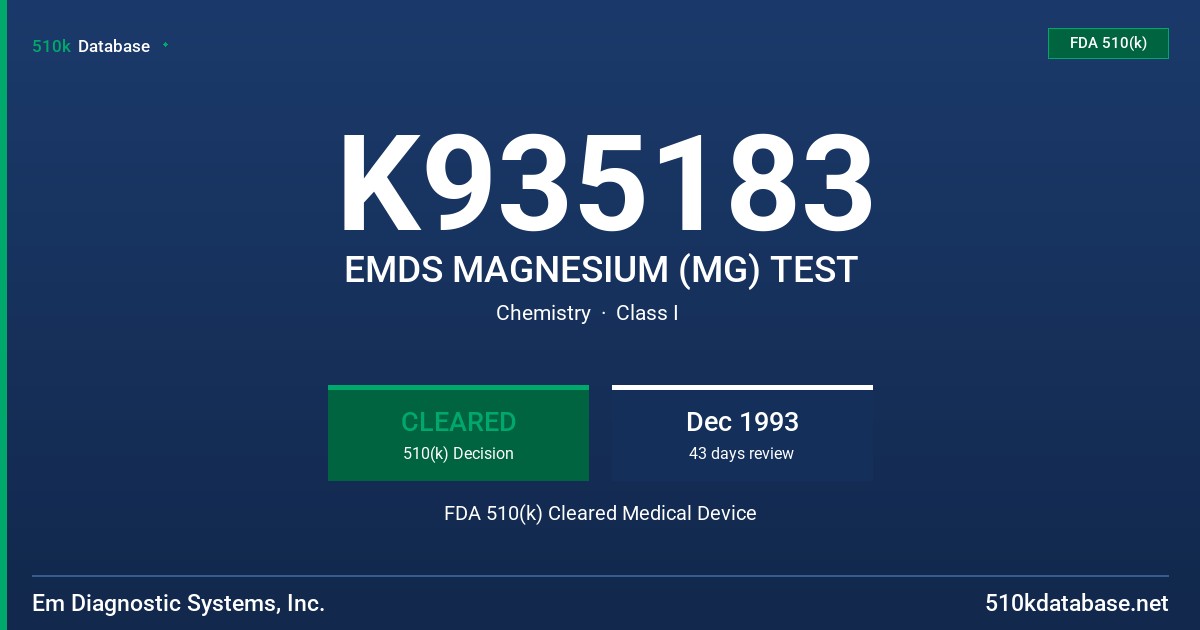 K935183 EMDS MAGNESIUM (MG) TEST FDA 510(k) Cleared Medical Device